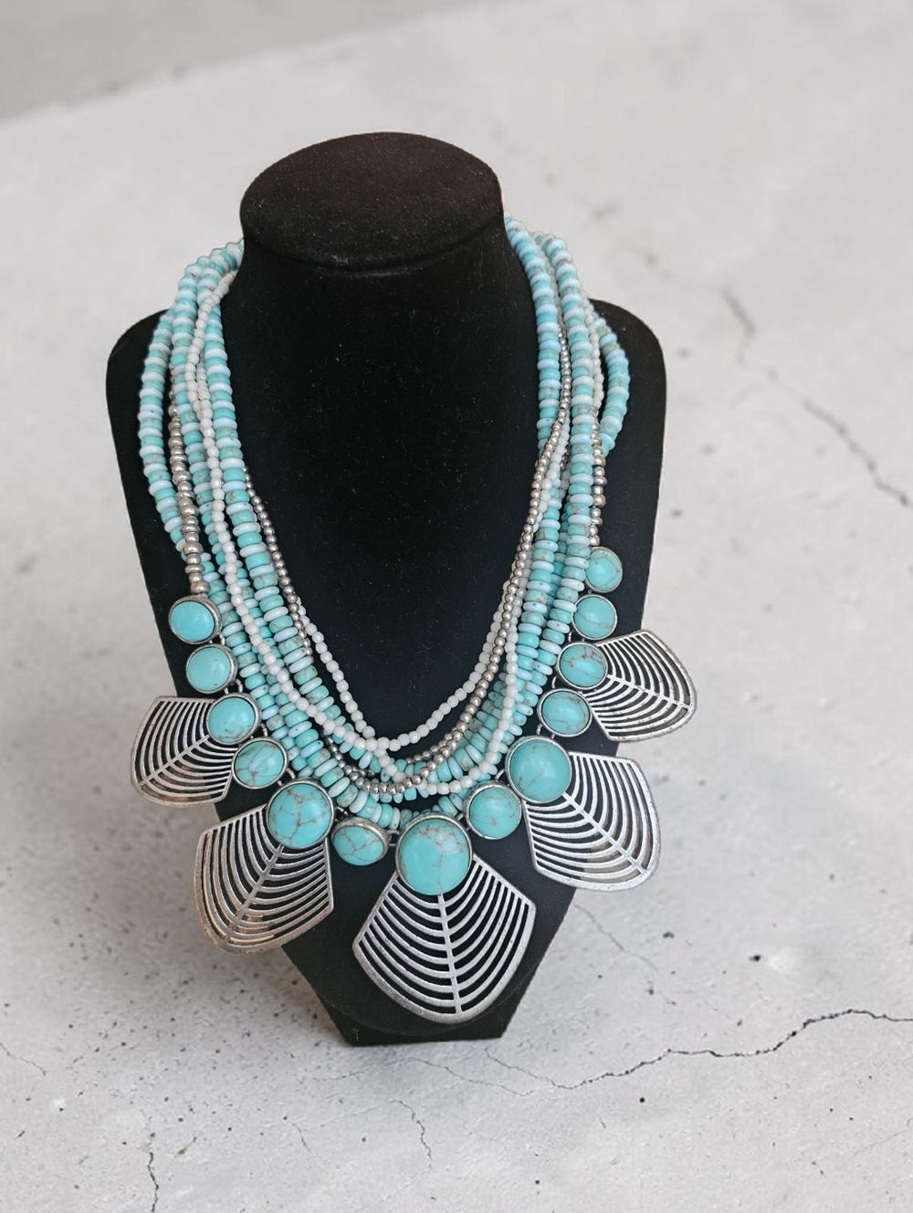 Lucky Brand Turquoise & Silver Tone Multi-Strand BOHO Statement Necklace